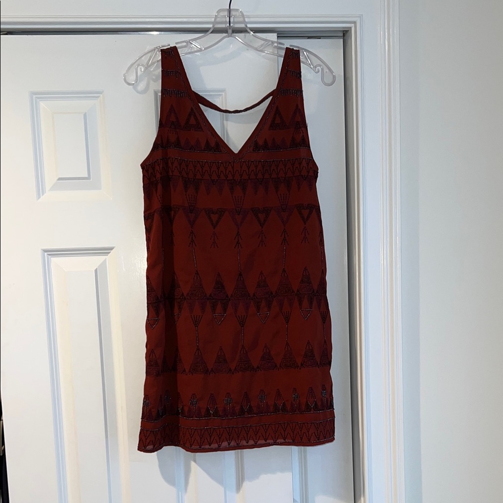 Stunning Beading! Red Sleeveless Dress with Geometric Patterns